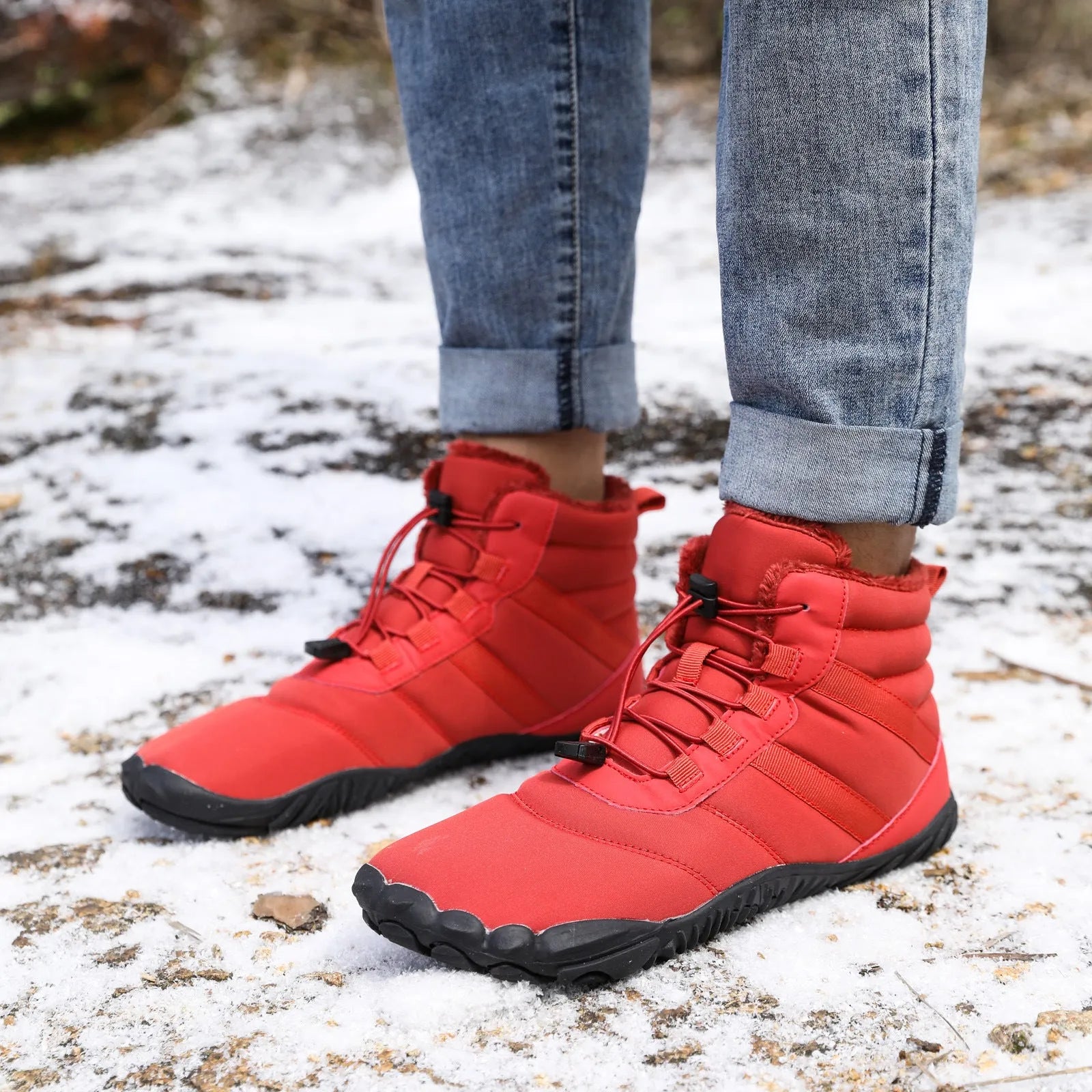 Five-finger waterproof fleece-lined hiking boots in beige, grey, black, or wine red with a rubber sole.