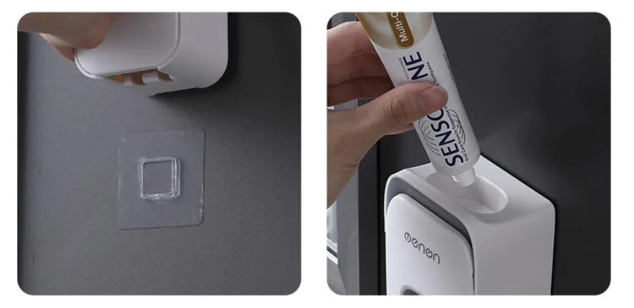 Blue, grey, and pink automatic toothpaste dispenser made of ABS plastic for wall mounting