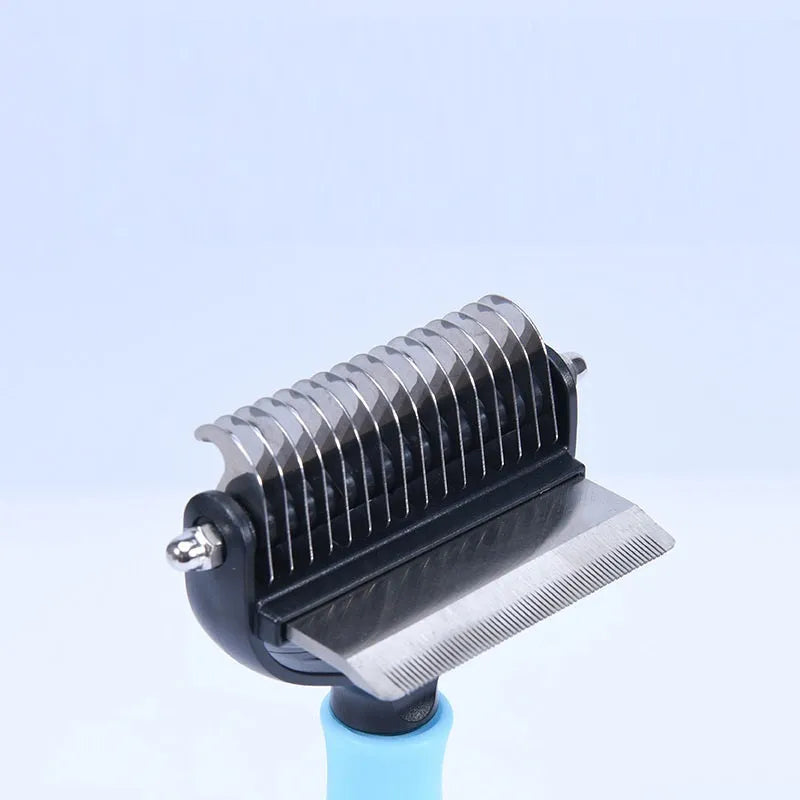 Dual purpose pet comb for dogs and cats, plastic construction, blue colour, large size, with comb teeth visible