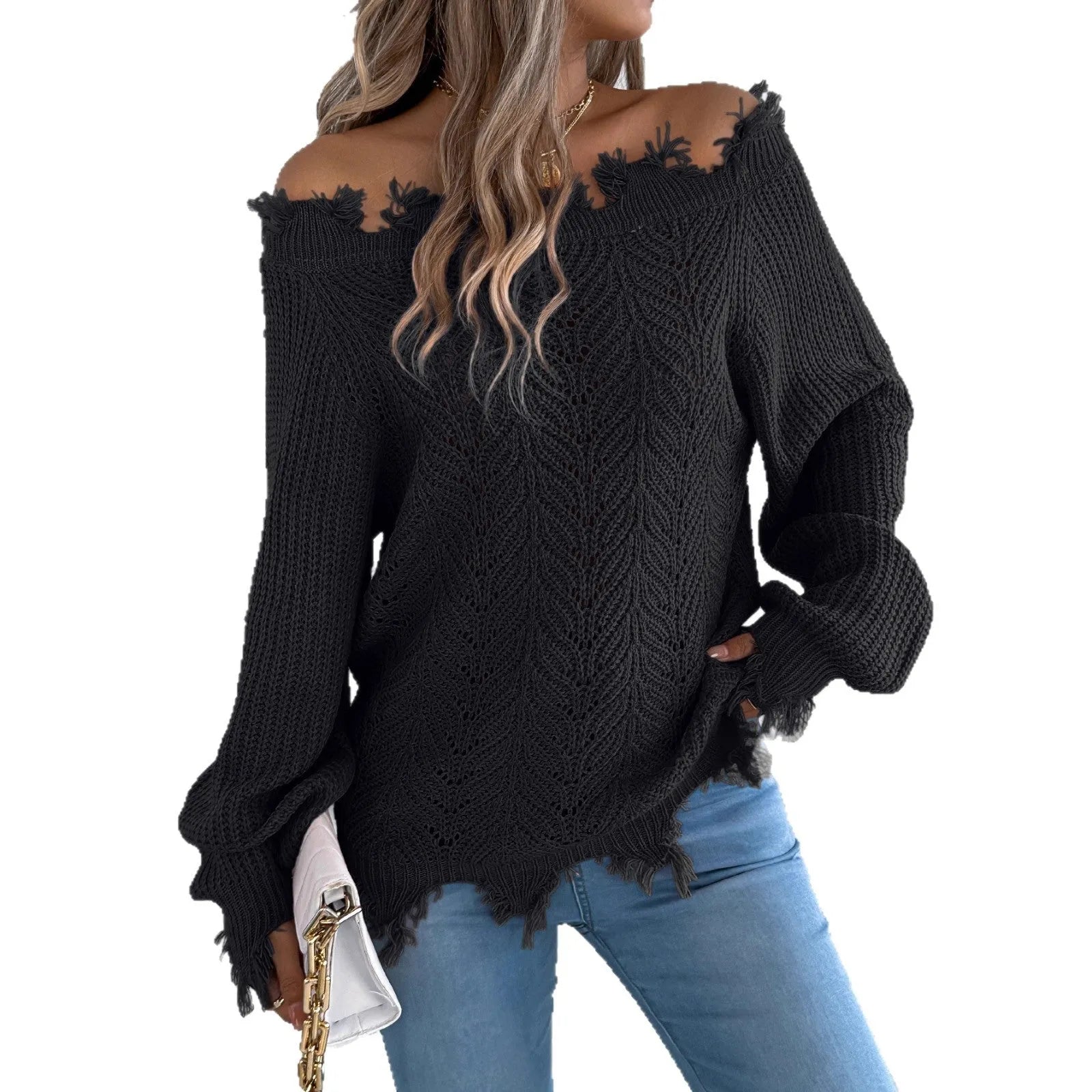Hollow-out long-sleeved cut off-the-shoulder pullover sweater in artificial wool fabric