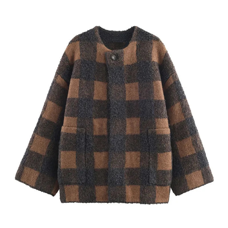 Autumn women's plaid knitted coat in colour-block pattern, pullover style, regular fit, polyester blend fabric