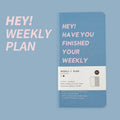 Weekly plan diary handbook showing four colour options: blue, brown, green, and purple