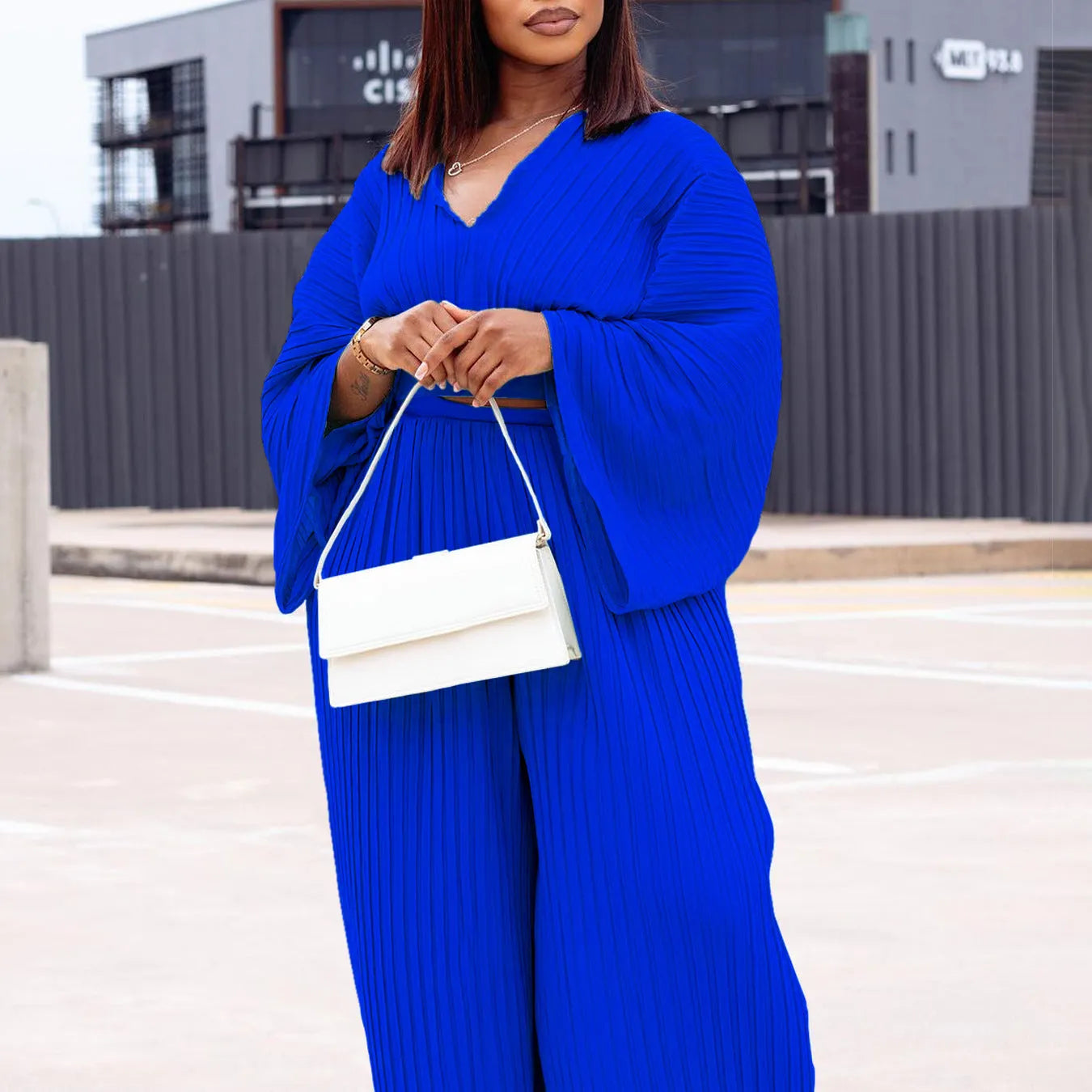 African suit two-piece set with batwing sleeve top and wide leg trousers in red or sapphire blue