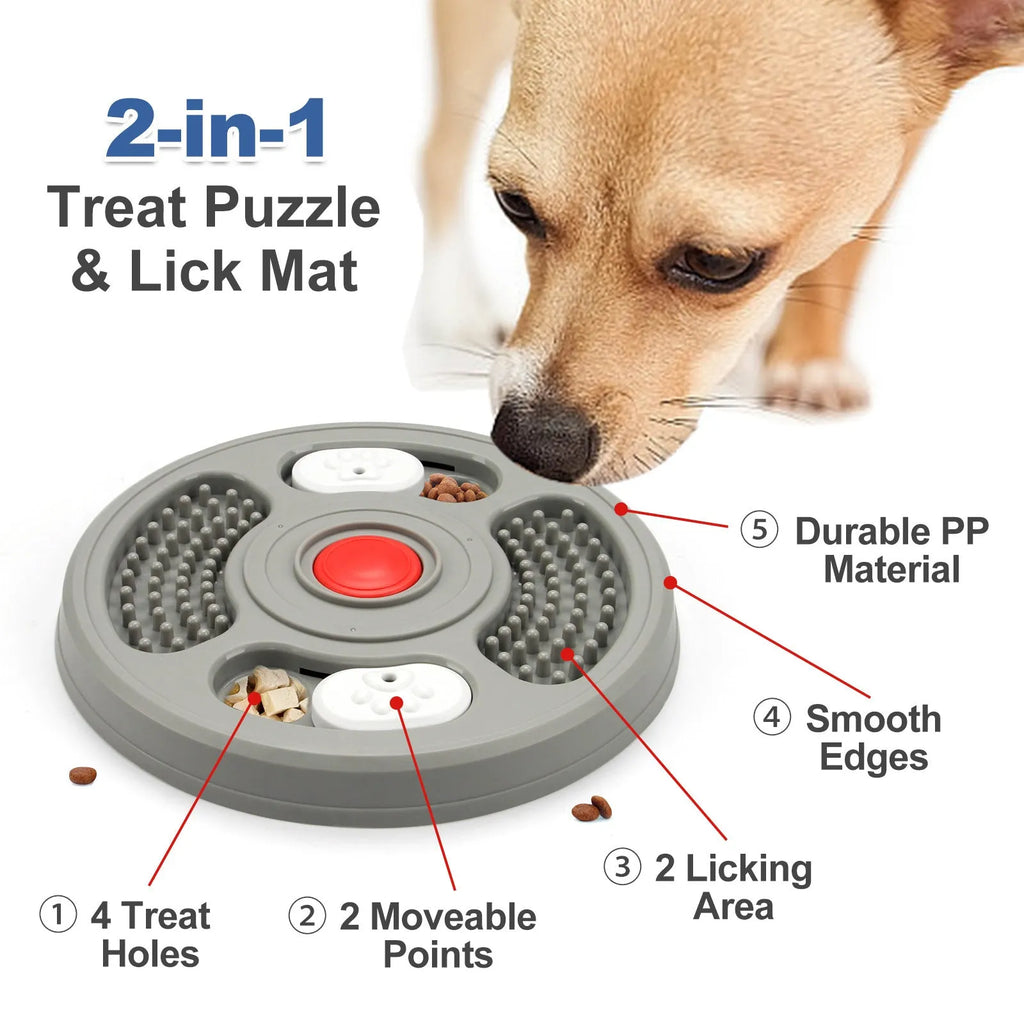 Blue and grey plastic slow feeder bowl for pets with anti-slip base and textured feeding surface.