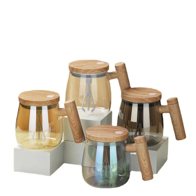 Clear borosilicate glass self-stirring coffee mug with button on base, 400ml capacity