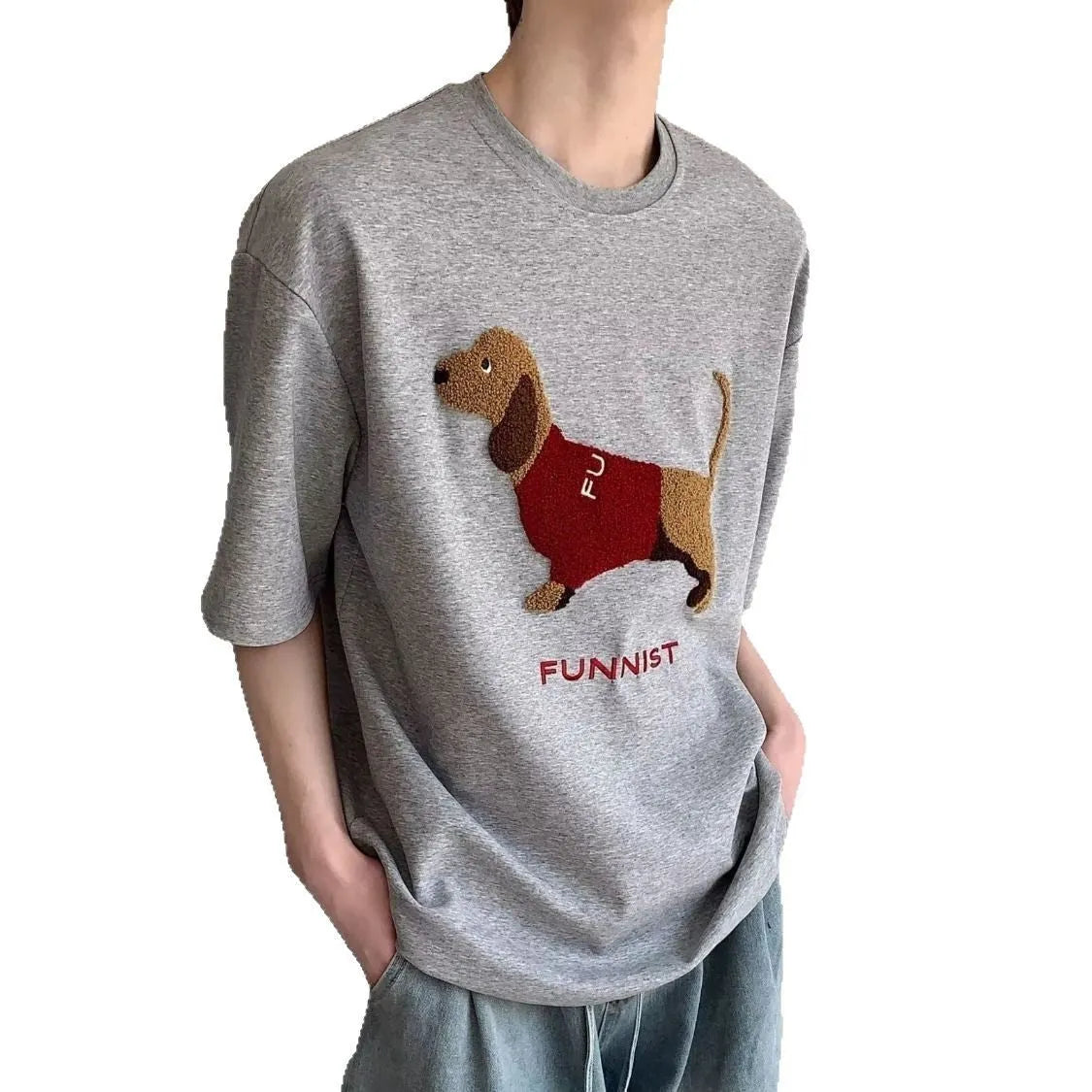 Men's grey cotton T-shirt with embroidered sausage dog wrapped in towel design