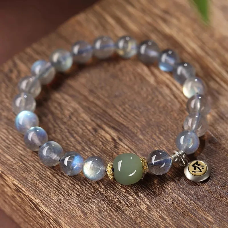 Moonstone crystal women's bracelet with 8mm Thousand-Hand Kwan-yin mouse zodiac charm