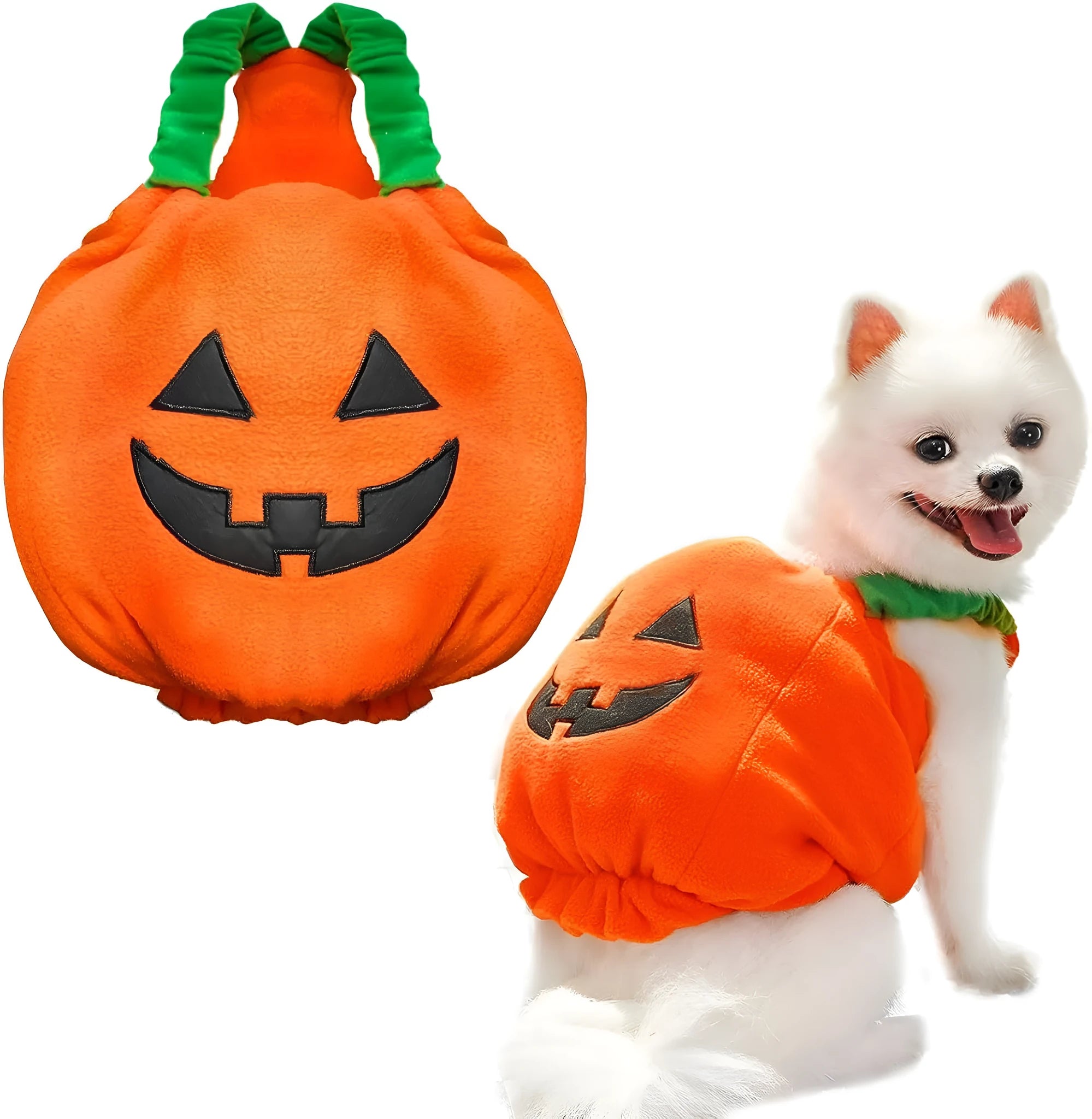 Orange pumpkin plush Halloween costume for small to medium dogs with pullover design