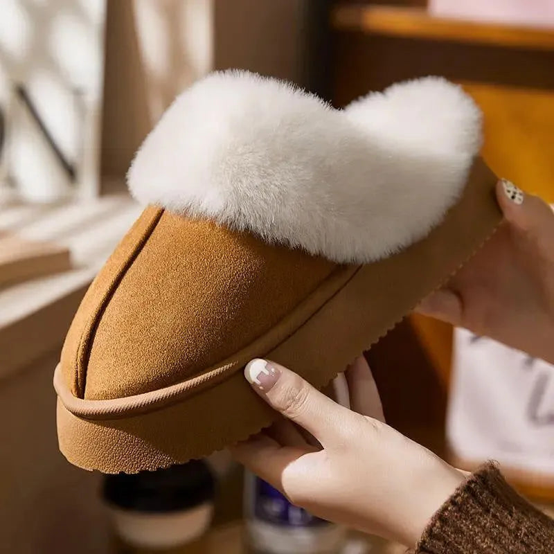 Indoor couple slippers with suede upper, thick EVA sole, and velboa lining in beige colour