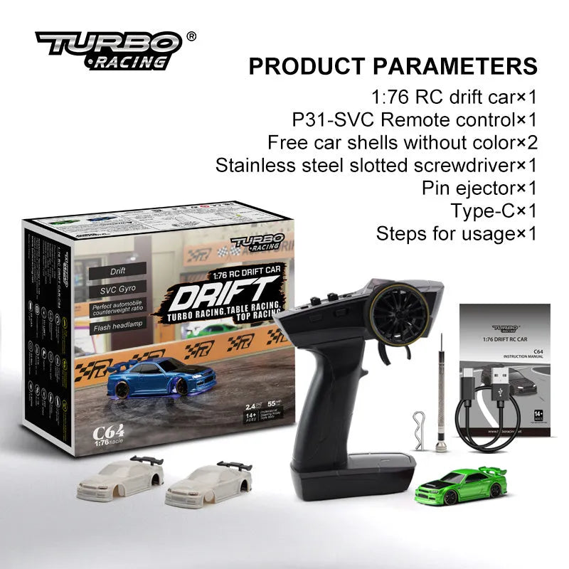 Turbo Racing C64 1:76 scale blue remote control drift car with handle transmitter