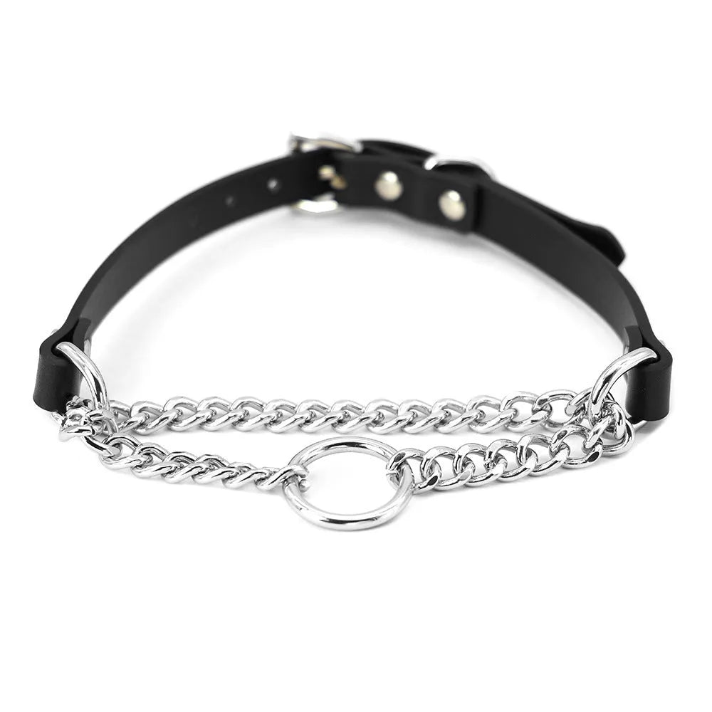 Black leather bondage collar and leash set with hand grip rope section
