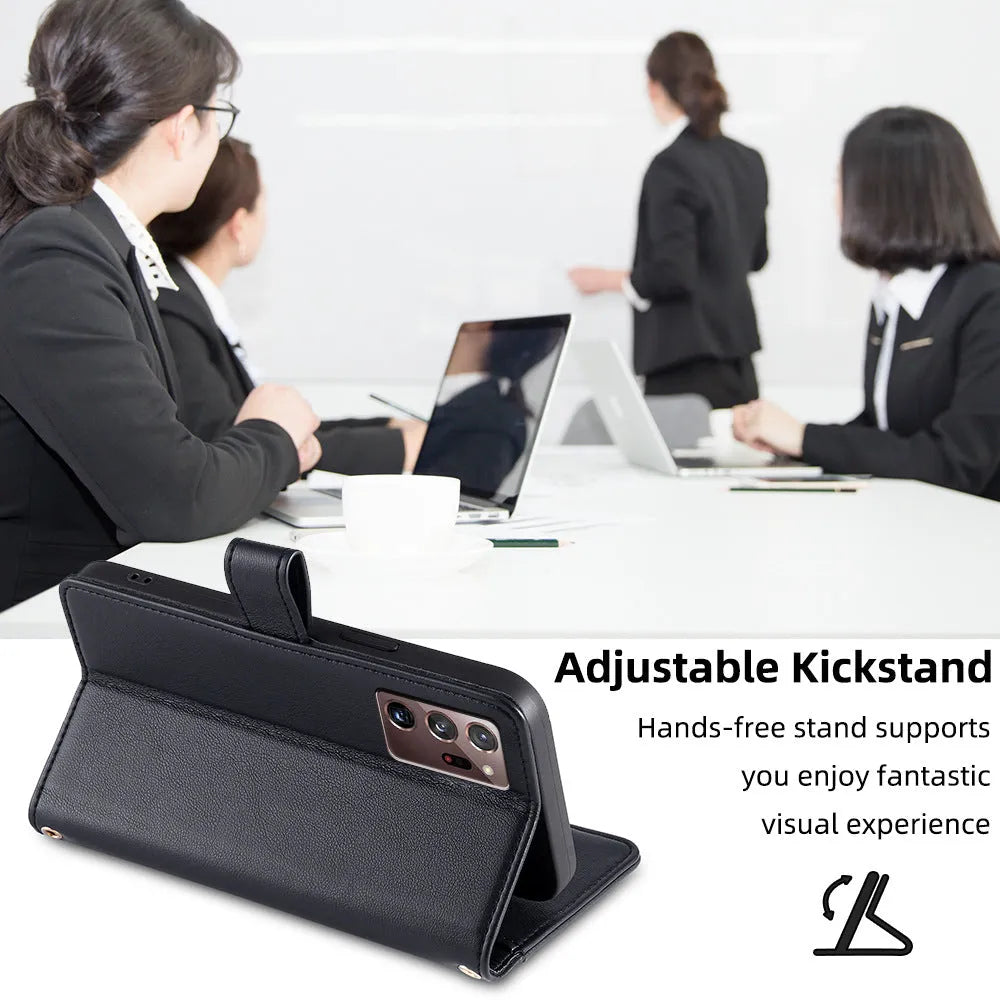 Samsung flip phone case with card slot and kickstand in black TPU leather
