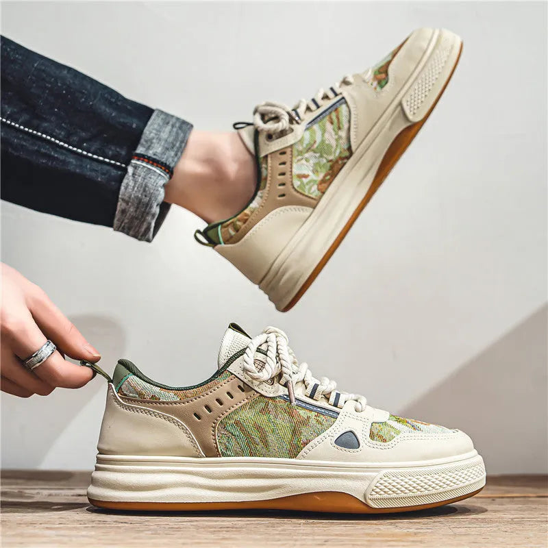 Casual flat-heel canvas shoes in beige and Milan green colours, showing round toe design.