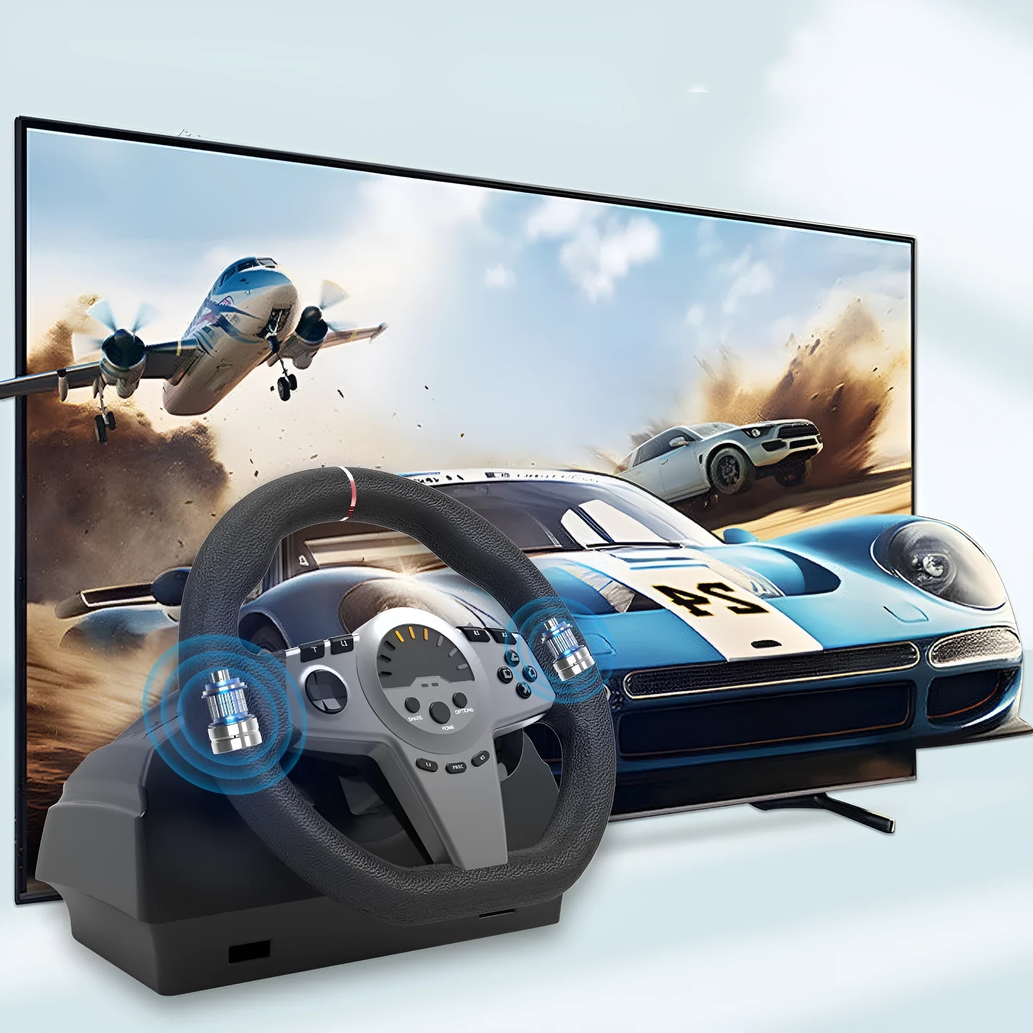 Black multi-platform gaming steering wheel with two pedals, paddle shifters, and LED display on a desk.