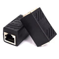 Black RJ45 rotary network cable extender adapter for joining Ethernet patch cables.