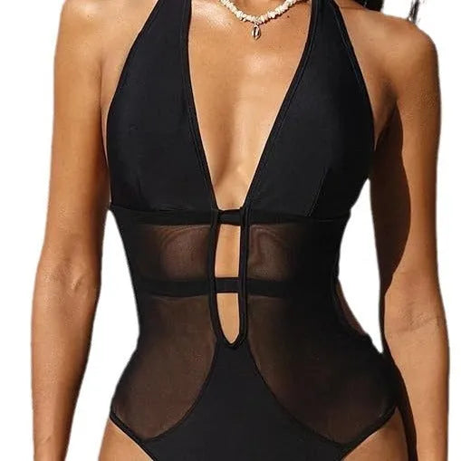 Black women's one-piece swimsuit with v-neck and mesh detailing