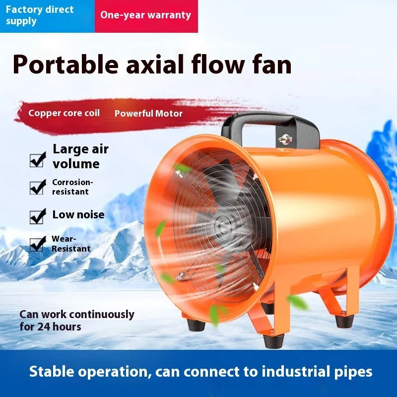 Portable 8-inch axial flow fan with titanium steel construction and 5-metre flexible air duct