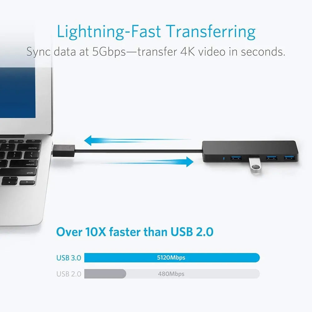 Black USB 3.0 hub with four ports, LED indicators, and a 30cm connecting cable.