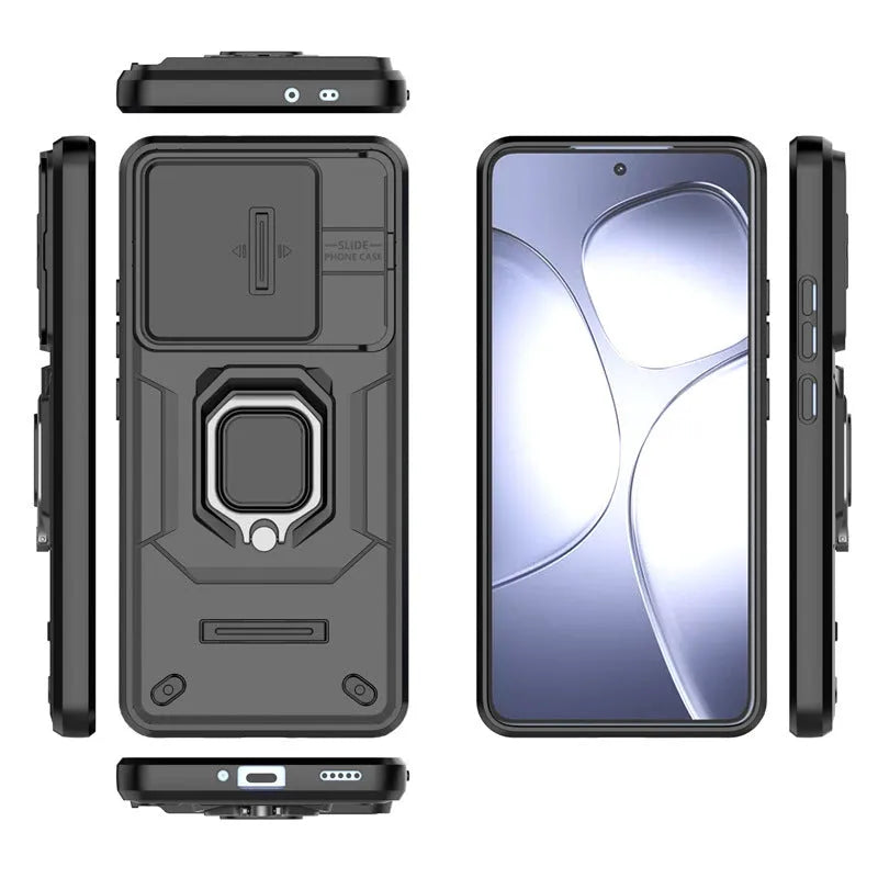 Redmi K70 Extreme Edition phone case with sliding window lens and magnetic bracket in cool black