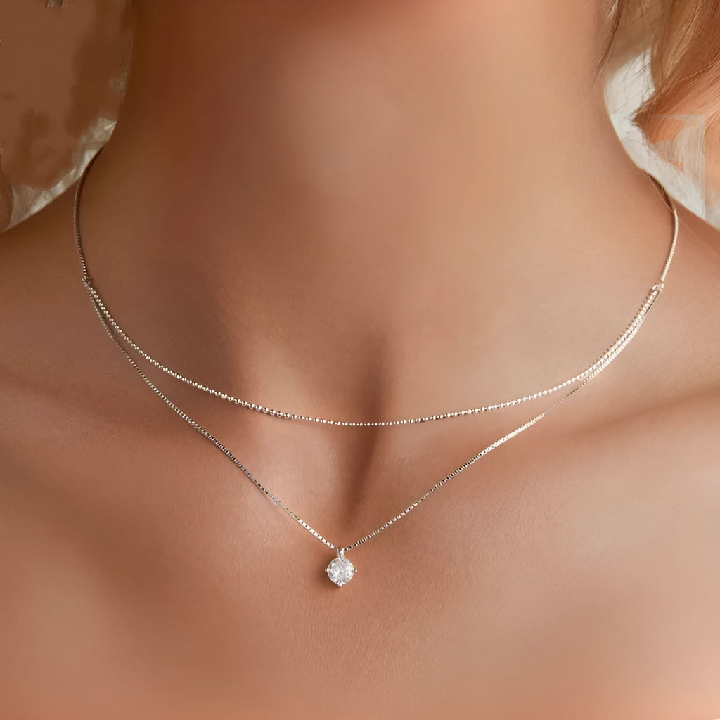 S925 sterling silver double layer necklace with pearl chain in shining silver finish