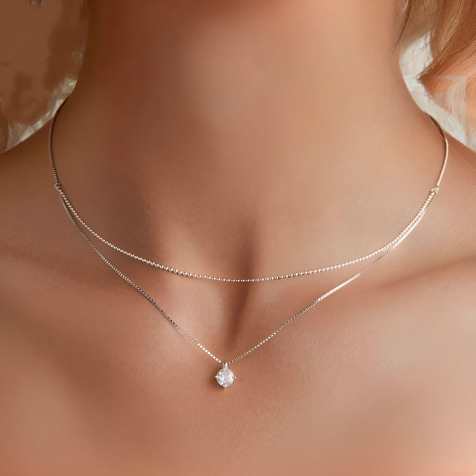 S925 sterling silver double layer necklace with pearl chain in shining silver finish