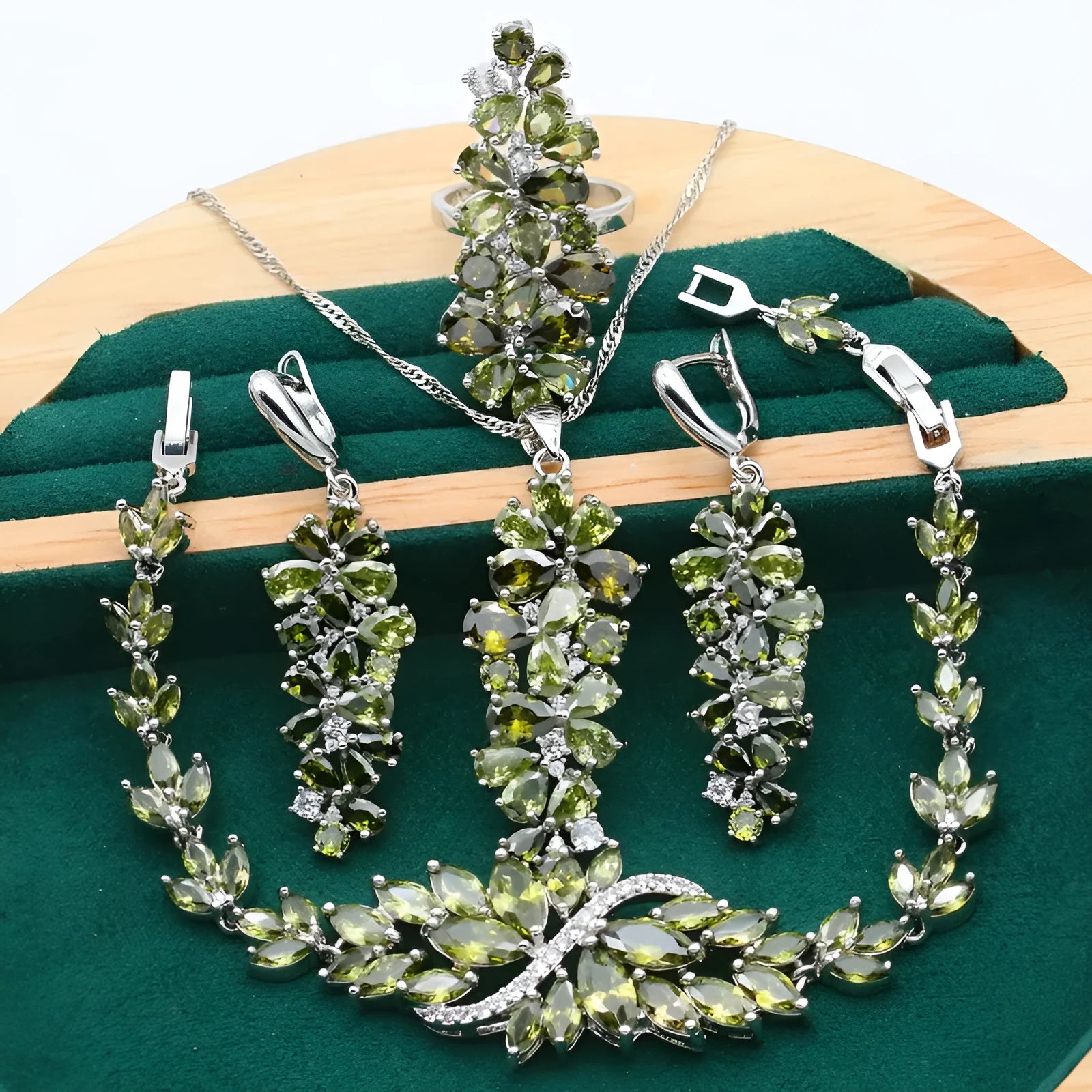 Retro style necklace, earrings, ring, and bracelet set with plants and flowers pattern in olive, purple, and colourful finishes.