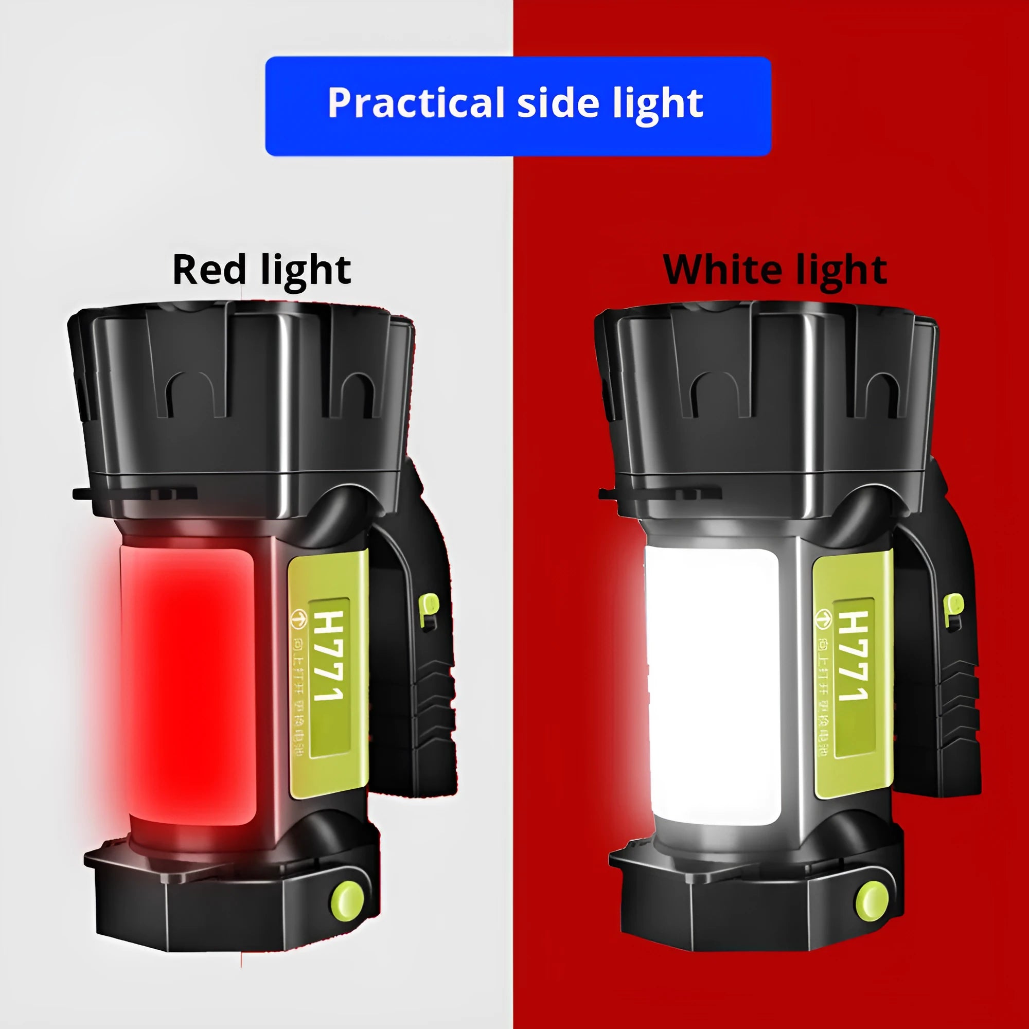 H771 portable orange or green camping lamp with removable battery and shoulder strap.