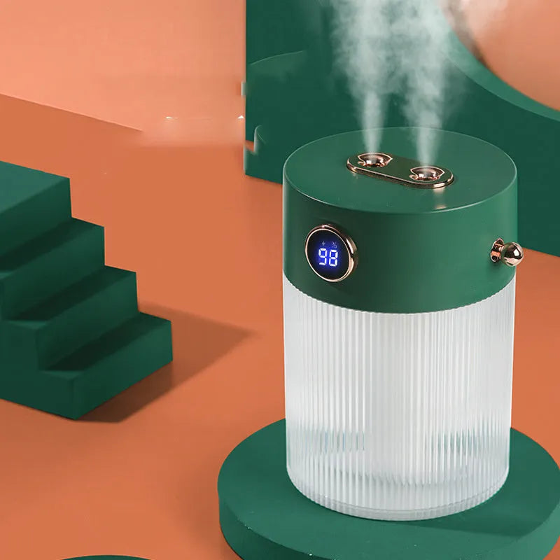 Double spray humidifier in white and green, rechargeable with 4000mAh battery, portable cool mist for home office