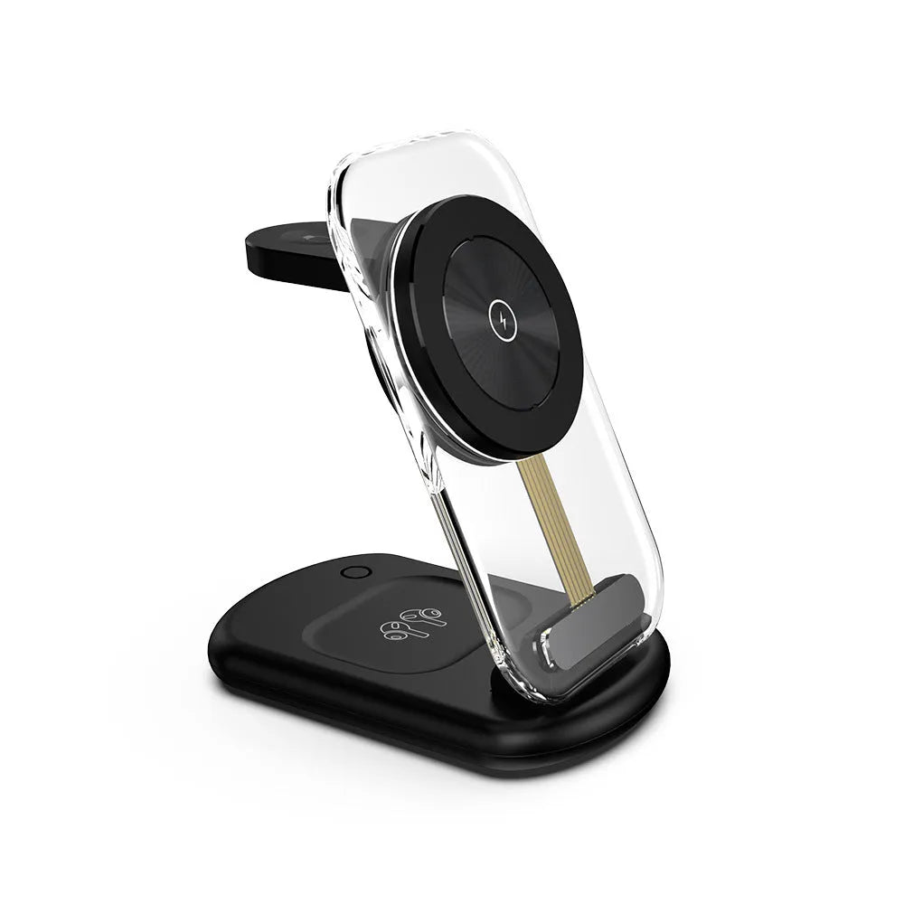 Transparent folding magnetic three-in-one wireless charger showing internal coil, in black, on a desk.