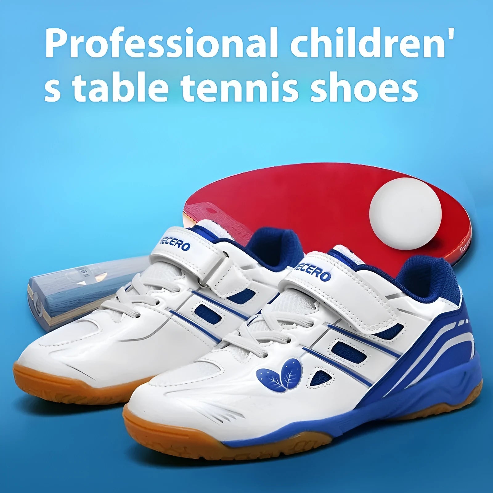 White and blue children's low-top badminton shoes with a ribbed sole on a court surface.