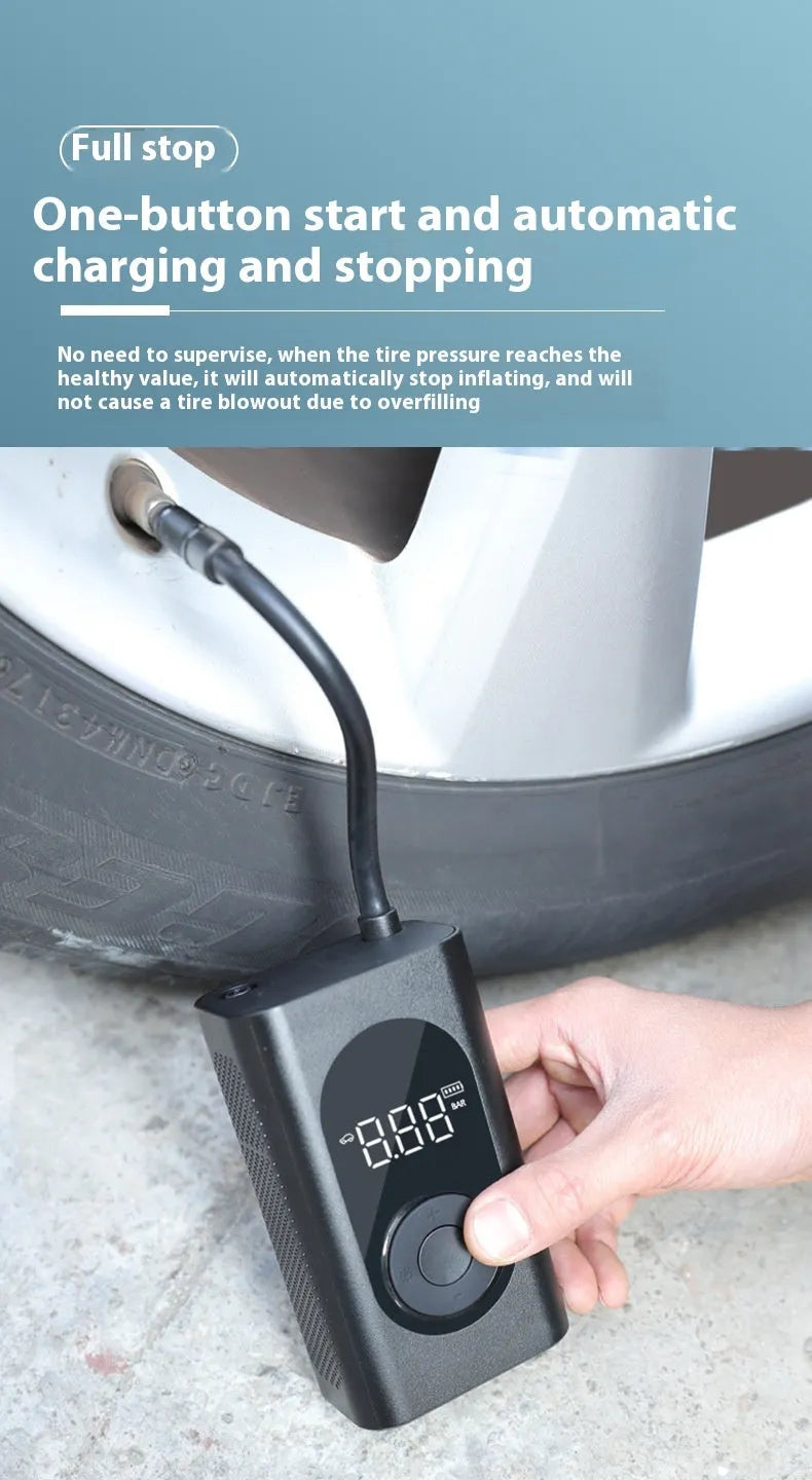 Portable handheld mini wireless tyre pump with power bank and flashlight on a grey background.