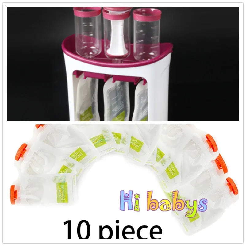 Baby food maker squeeze station pressing homemade fruit puree into 4oz pouch on countertop