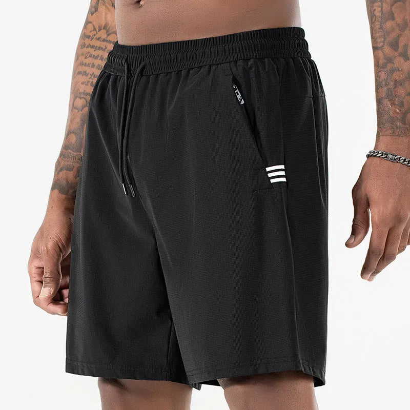 Men's black Ice Silk sports shorts with elastic high waist and straight cropped leg.