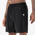 Men's black Ice Silk sports shorts with elastic high waist and straight cropped leg.
