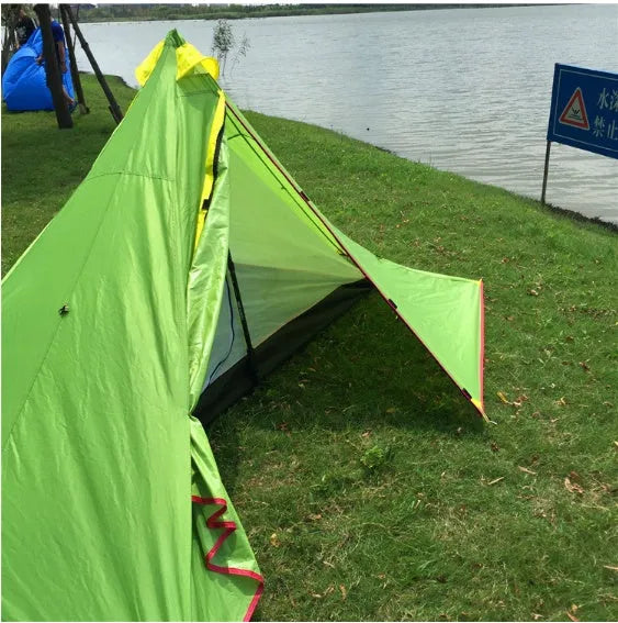 Poleless gold-shaped double-layer camping tent with Oxford cloth base and net yarn inner
