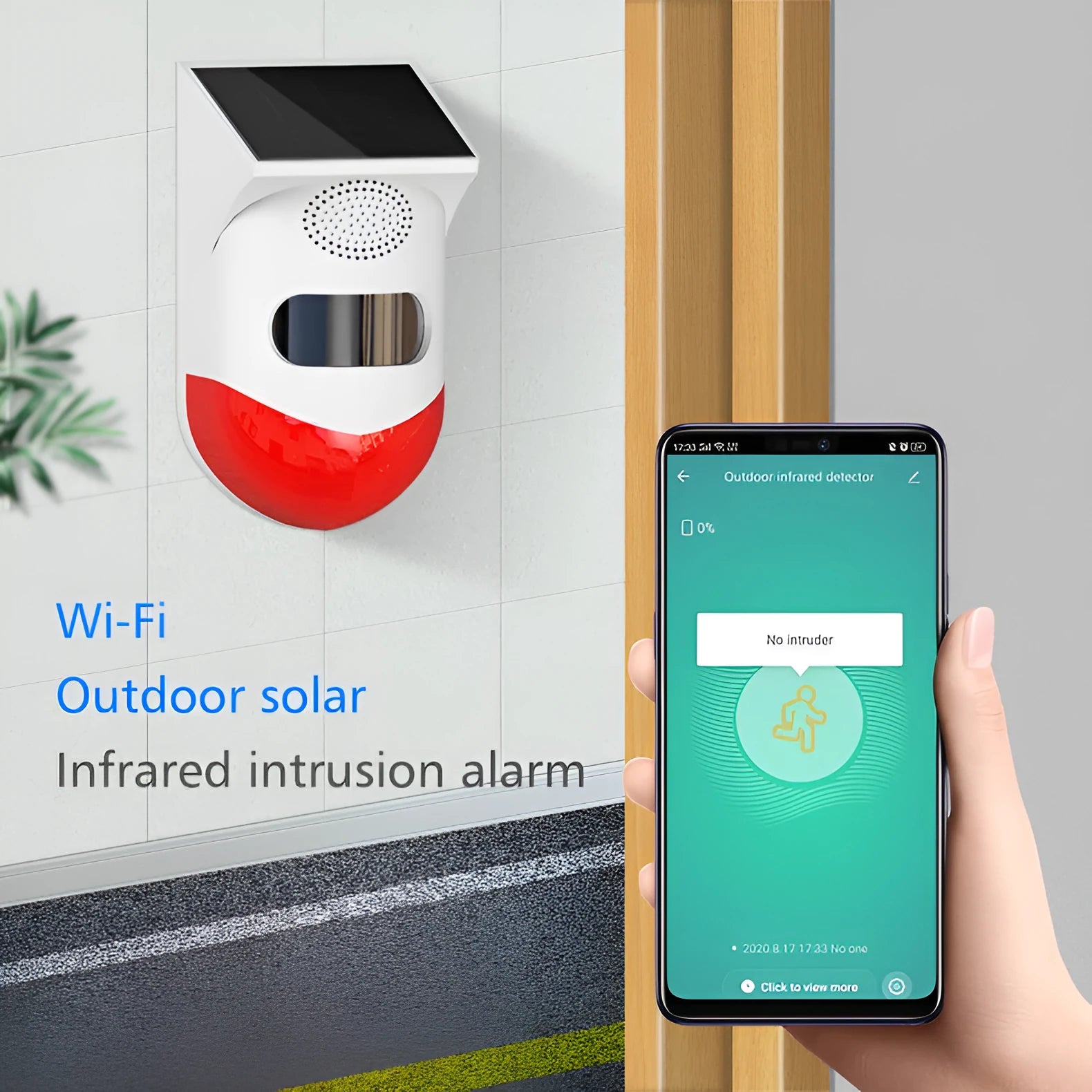 Solar-powered human body infrared sensing alarm with wireless remote control for outdoor property security