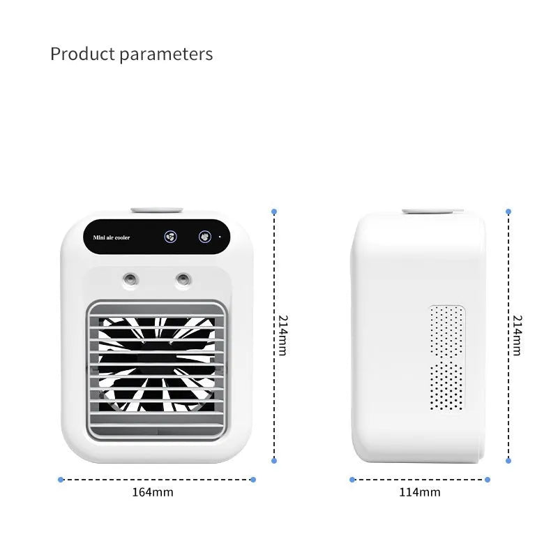 Ivory white portable USB air cooler fan with digital touchscreen display and water tank for room or car use