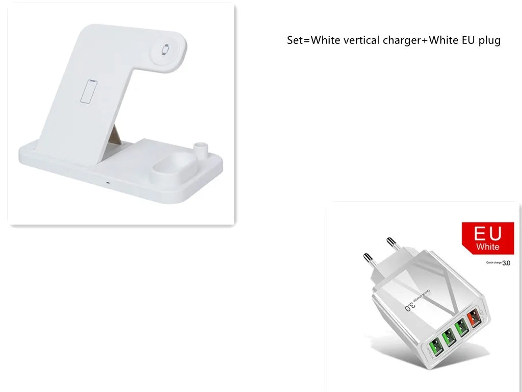 Black 4-in-1 wireless charging dock showing phone on adjustable stand, Apple Watch, AirPods, and Apple Pencil charging simultaneously.