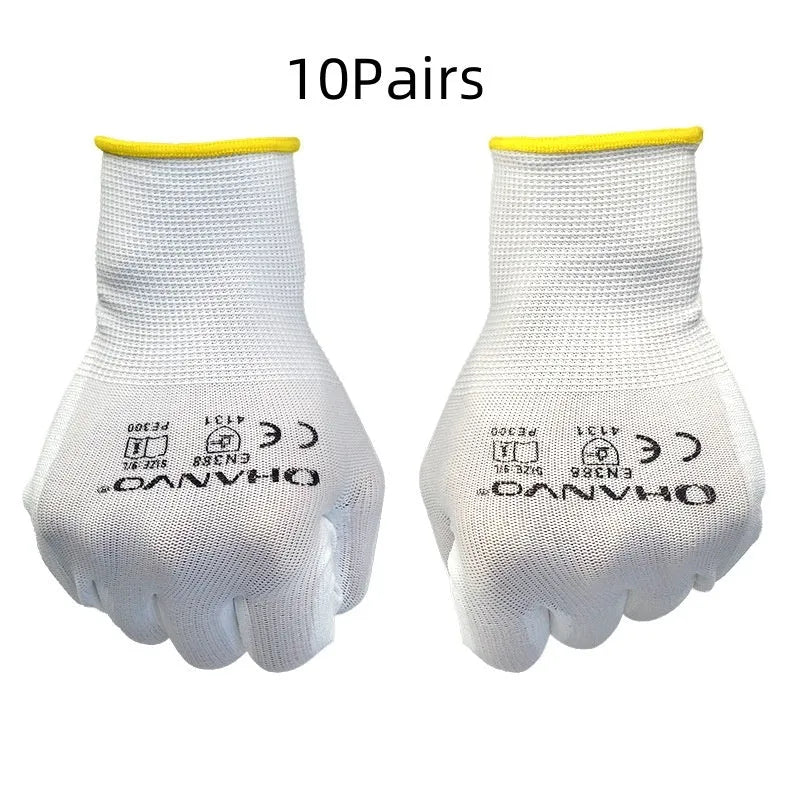 White PU coated work gloves showing durable palm coating and breathable cotton back, sizes L and M.