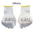 White PU coated work gloves showing durable palm coating and breathable cotton back, sizes L and M.
