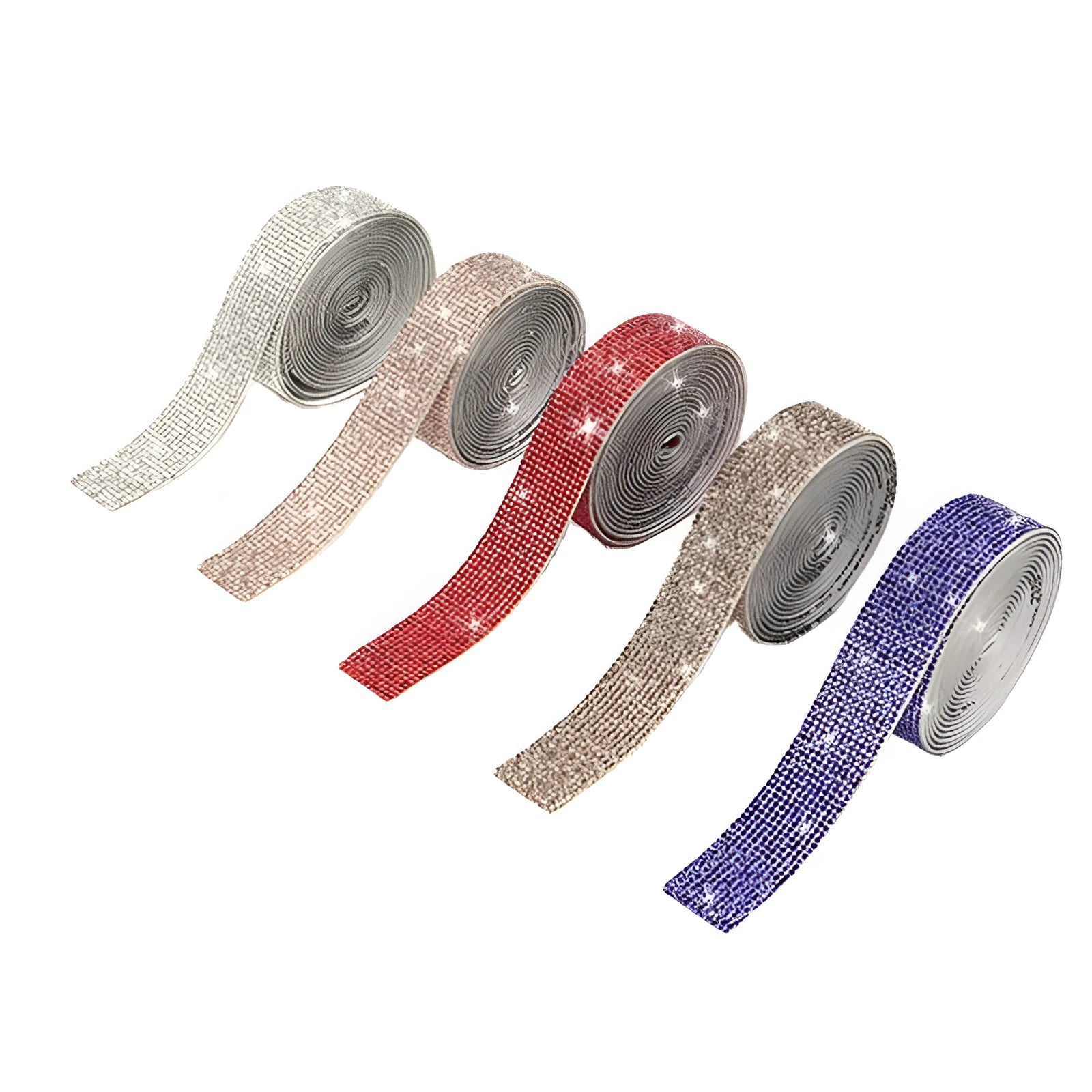 A long strip of self-adhesive glass water drills in AB colour and white, shown in different widths.