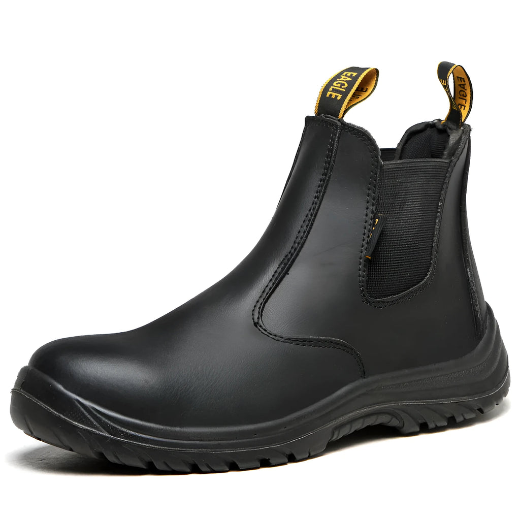 Black high-top leather safety work boots with steel toecap on a grey background.
