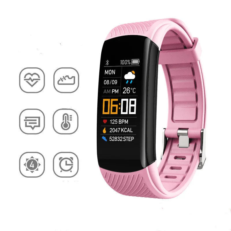 C5S model black waterproof smart fitness bracelet with 0.96-inch screen on a wrist.