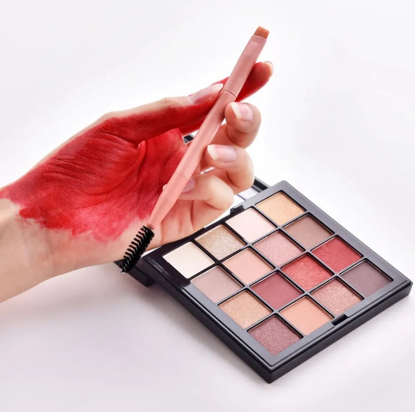 10-piece wooden handle makeup brush set including powder, foundation, eyeshadow, concealer, and lip brushes on pink background