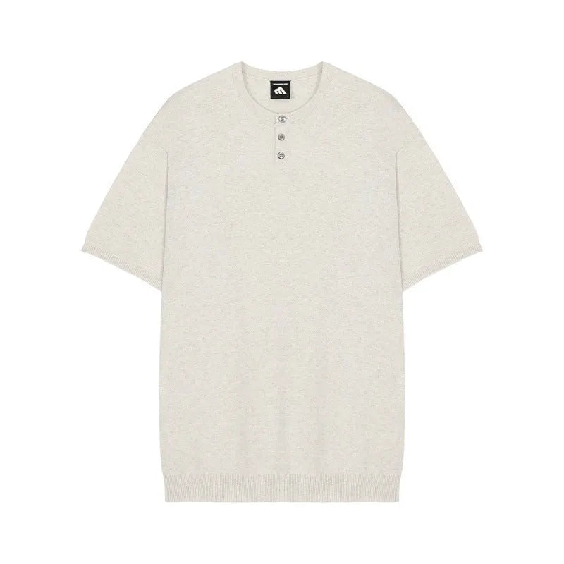 Men's black slim-fit short-sleeved ice silk knitted shirt laid flat, showing pullover style and thin fabric texture