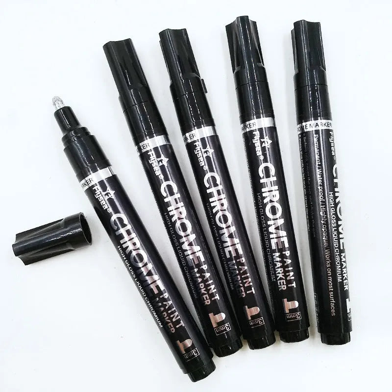 Flysea reflective chrome pen with metal tip for writing on glass, ceramic, and plastic surfaces.