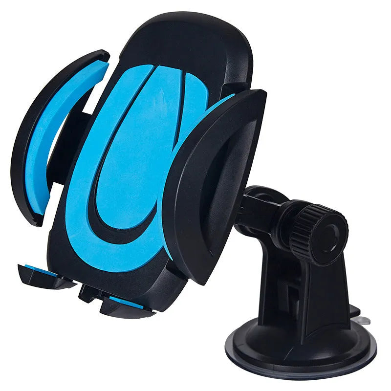 Red U-shaped suction cup phone holder mounted on a car windscreen, showing large clamp arm.