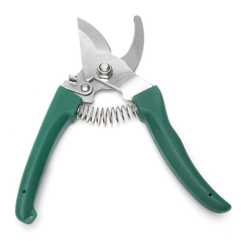 Camouflage garden tool set with two shovels, rake, scissor, kettle, and spray bottle in a green plastic case