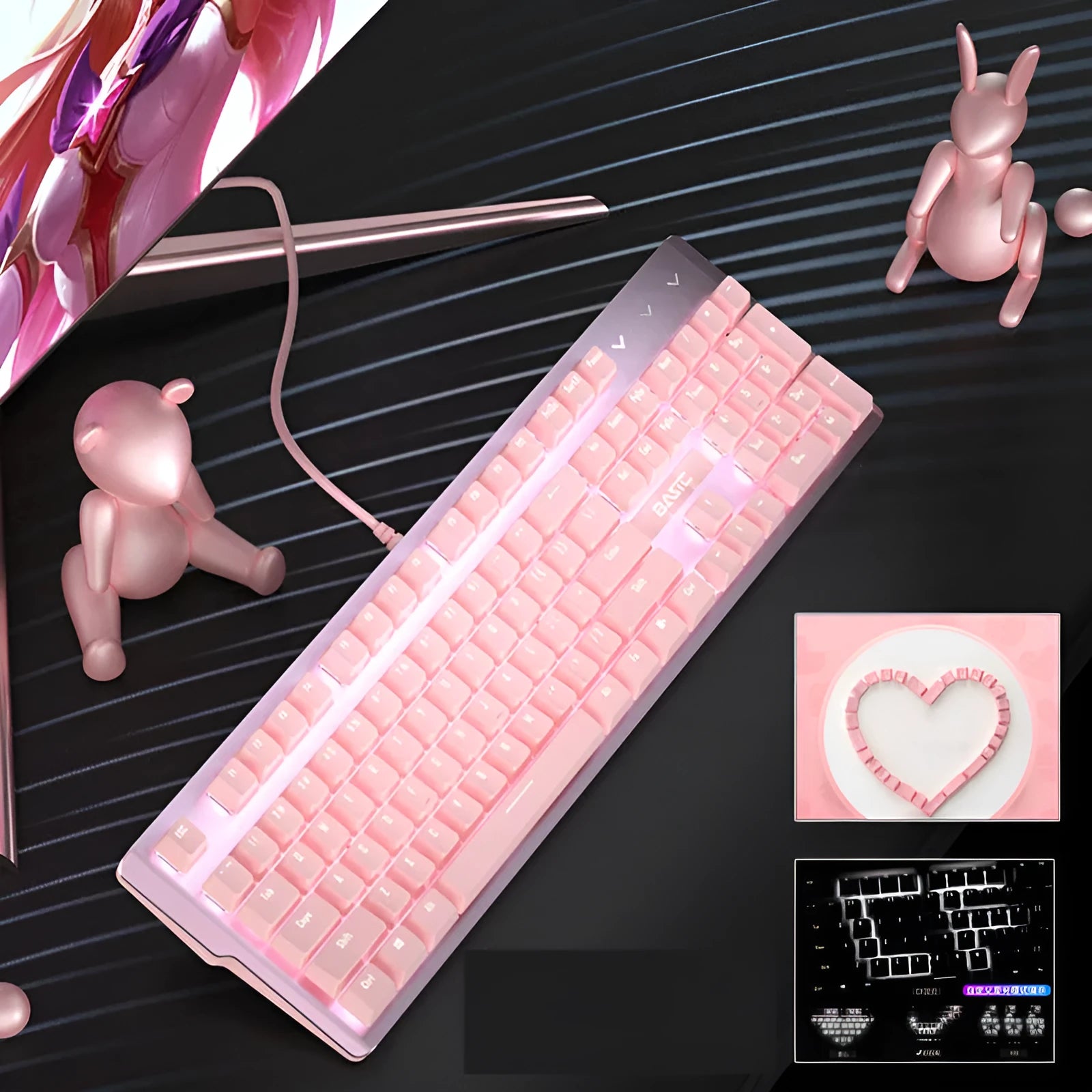 Pink 104-key mechanical keyboard with USB cable, showing full key layout.