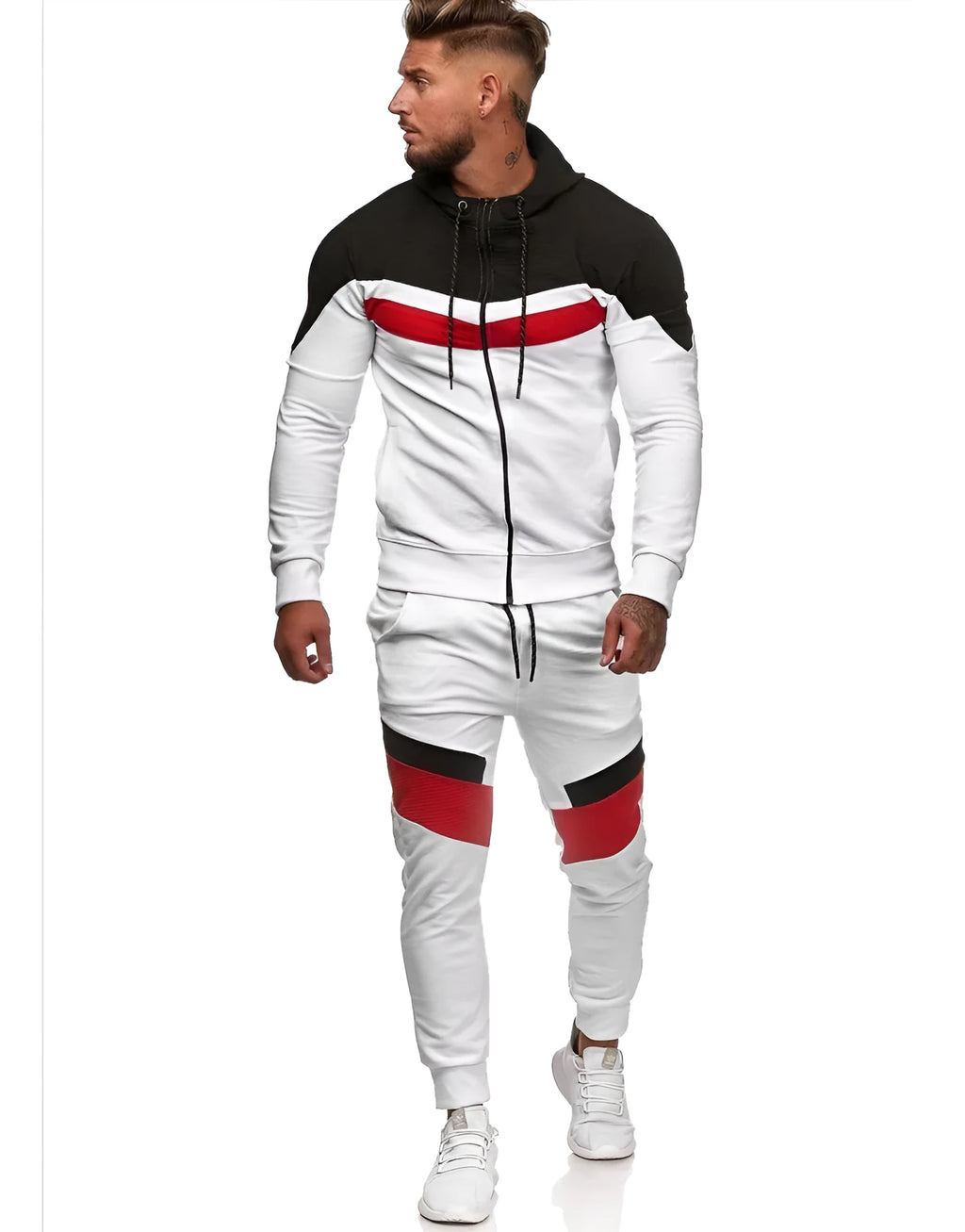 Colorblock hoodie sportswear cotton pullover in Red and White, front view, sizes M to 3XL
